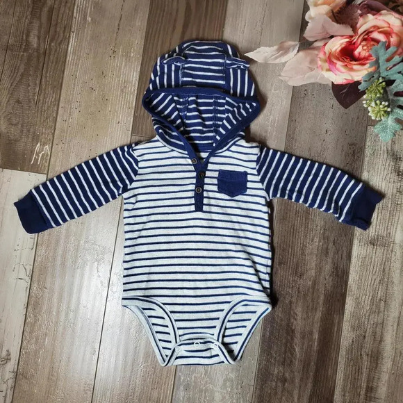 Carter's Blue and White Striped Animal Ear Hooded Onesie Size 9M NWOT - Picture 1 of 10